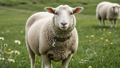 Obraz premium Fluffy Sheep in Green Pasture Farm Animal Wool Nature