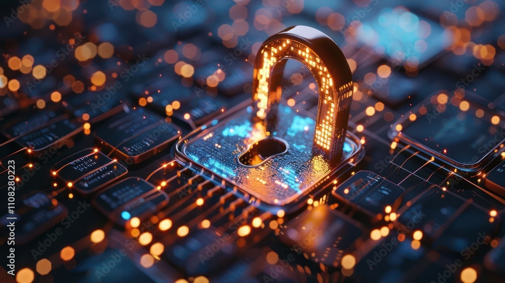 Poster a digital padlock on a circuit board, symbolizing cybersecurity and data protection.