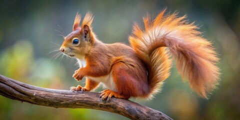 Obraz premium A Red Squirrel Perched on a Branch, Its Fluffy Tail Curled Around Its Body as It Glances to the Side