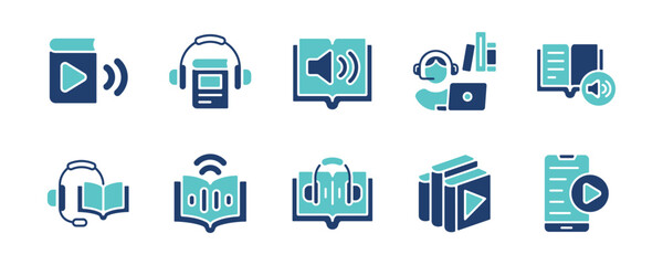 audiobook icon set podcast earphones listen book online library signs vector illustration business audio book media education symbol design