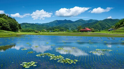 Serene landscape featuring a reflective water body surrounded by lush mountains and rice paddies.