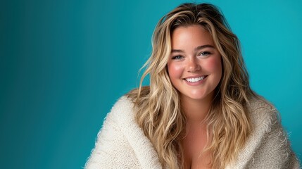 Obraz premium Bright Smiling Young Woman in Cozy Sweater Against Aqua Background