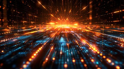 Obraz premium A vibrant, abstract representation of digital data flow with glowing particles and lines.