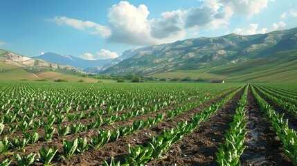 Lush green fields stretch under a bright sky, framed by distant mountains.