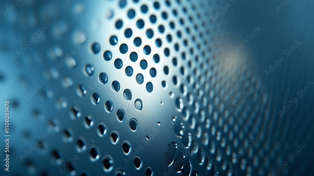 Poster close-up view of a textured metallic surface with droplets reflecting light under soft illumination