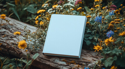 A light blue book rests on a rustic log surrounded by vibrant wildflowers. A tranquil scene, perfect for nature lovers and book enthusiasts.