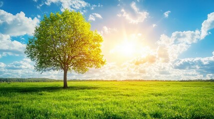 Obraz premium Beautiful tree in a green field with a bright blue sky