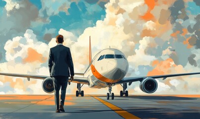 Businessman disembarking from the plane following a pleasant flight.