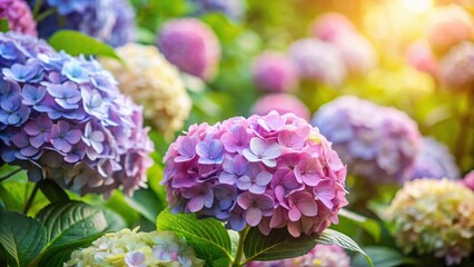 Obraz premium A vibrant cluster of pink and blue hydrangeas blooms in the summer sun, surrounded by a soft, blurred background of other flowers and greenery.