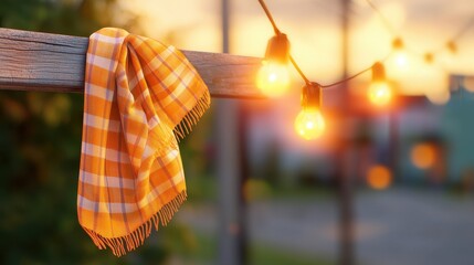 Naklejka premium Cozy Evening Scene with Checked Scarf and Warm Glowing Lights