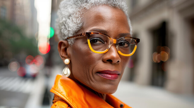 A confident middleaged woman exudes strength and grace as she stands proudly on a bustling city street, reflecting urban life.