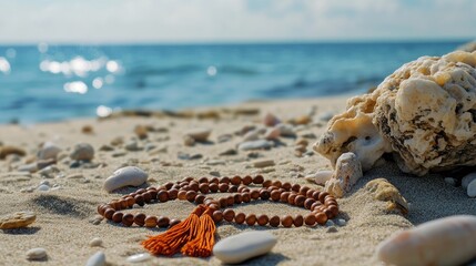 Prayer Beads on Sandy Beach with Shells and Calm Ocean Background