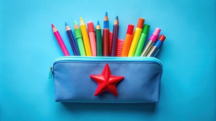 Fototapeta premium A blue pencil case bursting with color, a star-shaped charm adorns the front, a symbol of creativity and imagination.
