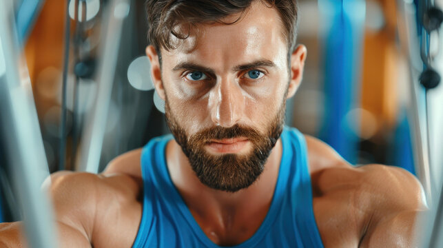 Strong and focused, a tall guy works hard at the gym, pushing down on the cable cross machine for an effective workout.