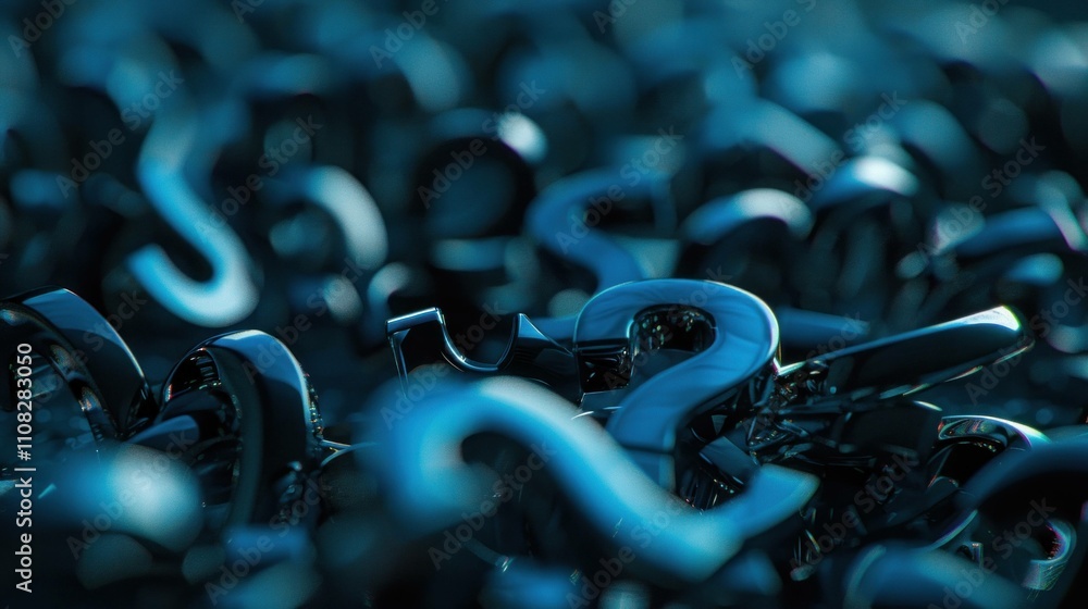 Poster abstract close-up of numerous metallic question marks scattered on a surface, symbolizing curiosity 