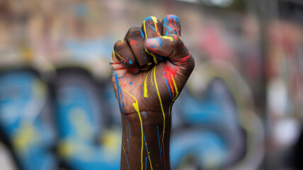 A raised fist with colorful paint drips, symbolizing creativity and resilience. The hand is dark-skinned, set against a vibrant graffiti backdrop.