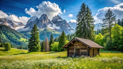 A rustic wooden cabin nestled amidst a lush green meadow, with snow-capped mountains rising majestically in the background and vibrant wildflowers blooming in the foreground.