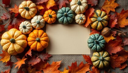 Fototapeta premium Autumn Harvest Pumpkins Fall Leaves Blank Card