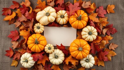 Fototapeta premium Autumn Harvest Pumpkins Fall Leaves Blank Card