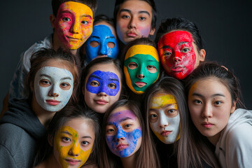 Obraz premium Group of friends wearing colorful masks and facial paint at a celebration