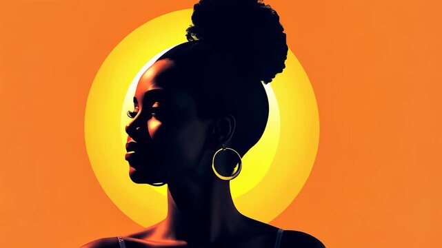 Striking vector illustration of an African woman with a beautiful afro hairstyle in bold backlight.