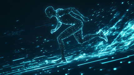 Fototapeta premium Runner with digital structure and blue glow - this depicts a stylized human figure in motion, digitally structured with a vibrant blue glow, symbolizing movement and technology. Luminous. Illustration