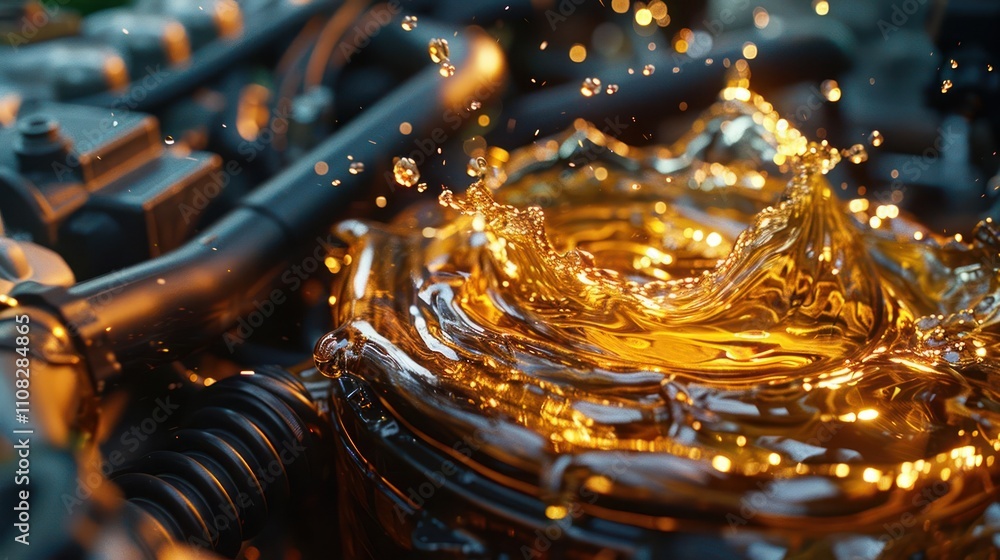 Poster close-up of engine oil splashing in a mechanical setting, highlighting fluid dynamics.