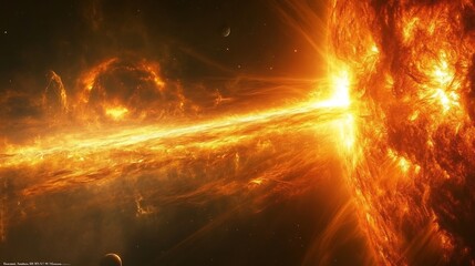Obraz premium Solar flare extending out from the sun with the solar system's planets visible in the background