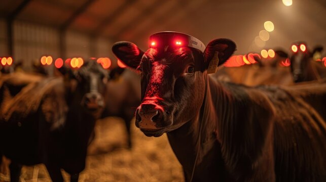 Cows wearing red LED collars in a barn, indicating a technological monitoring system.