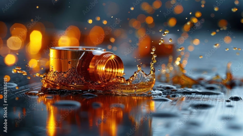 Poster a close-up of a metallic object splashing in liquid, creating an artistic visual effect.