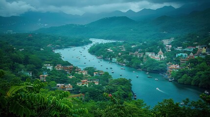 Obraz premium A serene river landscape surrounded by mountains and lush greenery, showcasing tranquility.