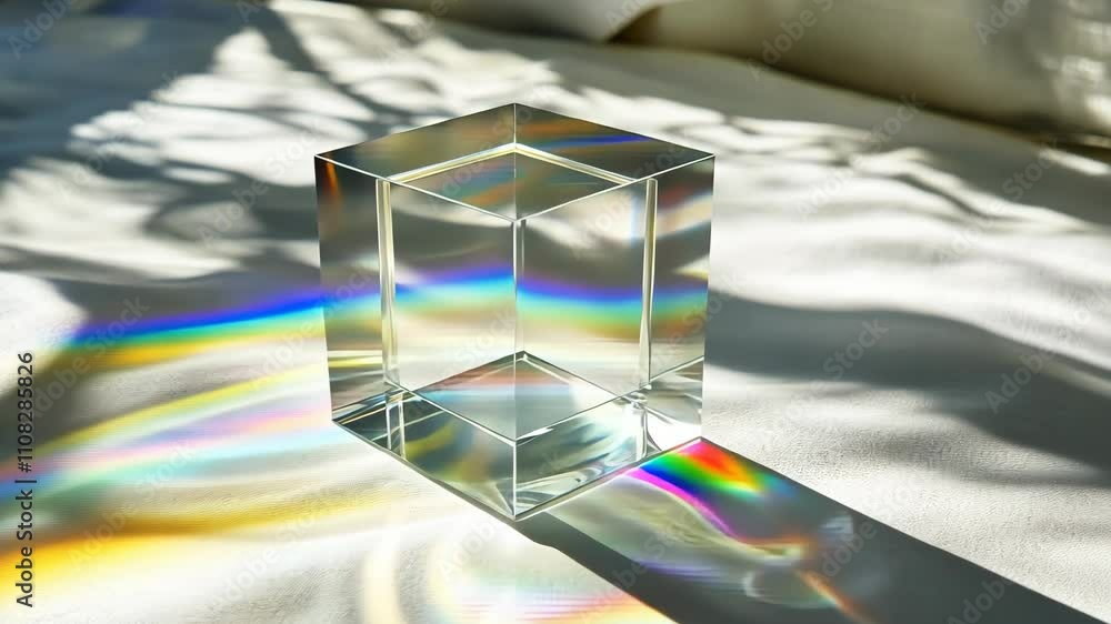 Poster light refracts through a clear crystal cube casting colorful patterns on a soft surface