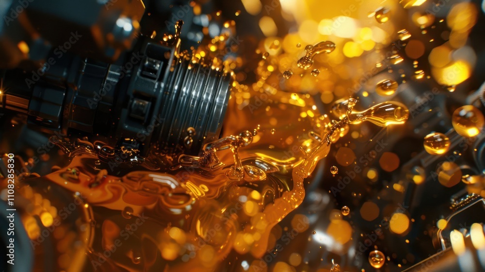 Poster close-up of engine components submerged in golden liquid, showcasing mechanical intricacies.