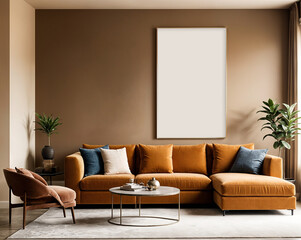 Fototapeta premium Interior view of contemporary home with frame mockup on the wall. Brown color 