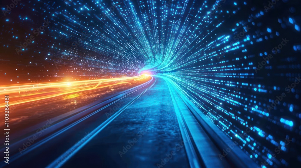 Poster a futuristic tunnel of light and data, symbolizing speed and technology.