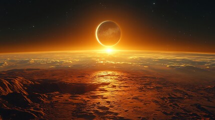 Obraz premium View of the Earth and moon from the surface of Mars with the sun casting light across the landscape
