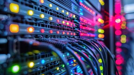 A close-up of server racks with colorful lights and cables, illustrating technology infrastructure.