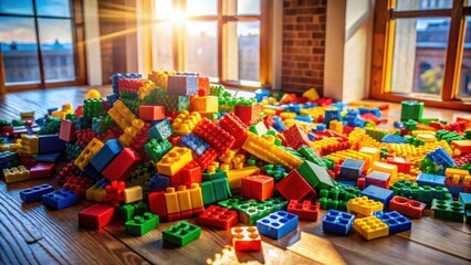 A Colorful Pile of Plastic Building Blocks Scattered on a Wooden Floor with Sunlight Streaming In