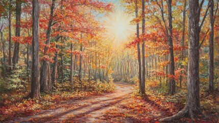 Fototapeta premium A Sunlit Path Through Vibrant Autumn Foliage in a Forest