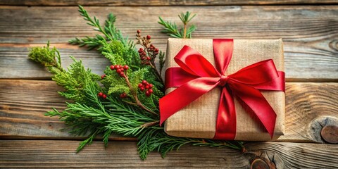 A rustic brown gift box with a bright red bow and green festive foliage on a weathered wooden surface.