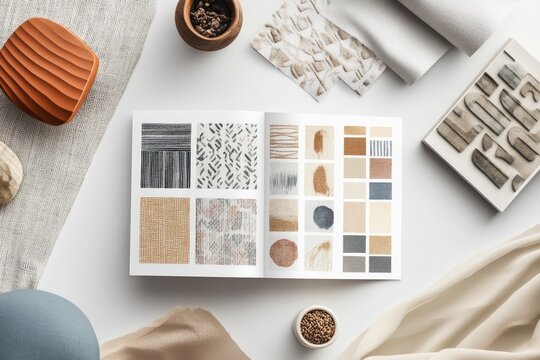 Flat lay of fabric swatches, paint samples, and design book showcasing earthy tones and textures for interior design inspiration.
