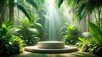 Fototapeta premium A Sunlit Clearing in a Lush Tropical Forest with a Circular Pedestal in the Center
