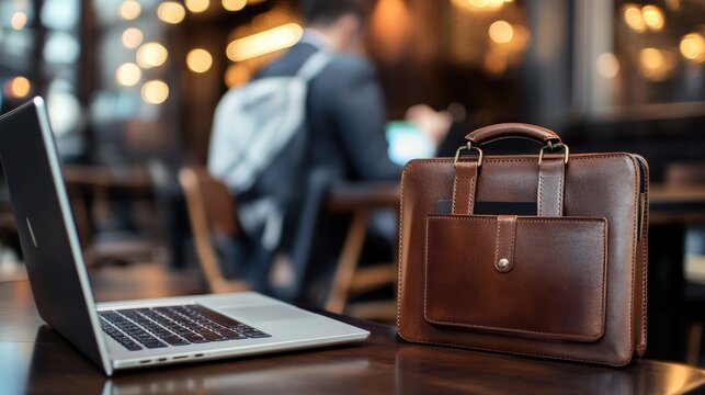 Stylish Leather Briefcase Next to Laptop in Modern etting