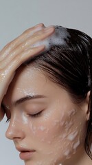 Naklejka premium Contemplative Skincare Moment: Neutral-Faced Woman with Soap Bar, Moody Expression, Contemporary Portrait Photography.
