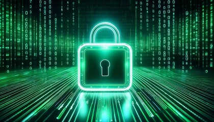 digital background glowing padlock icon over green binary code symbolizing cybersecurity datprotection and online safety for tech discussions