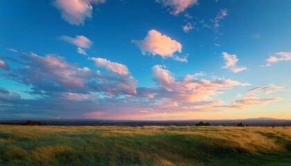 soft pastel clouds drift across a bright blue sky during early morning or late afternoon in a tranquil landscape