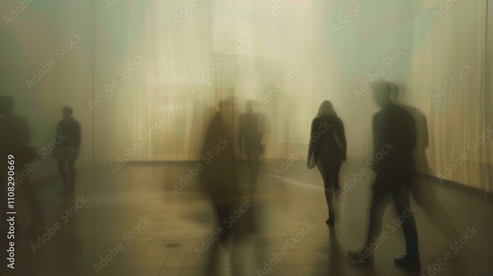 Poster distant figures explore a hazy display of modern art installations.
