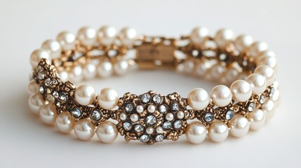 Obraz premium Elegant vintage pearl bracelet with floral gold design and gems
