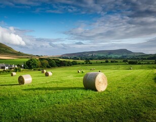 hay bales scattered across lush green fields in northern ireland agriculture countryside rural farming harvest