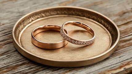 Elegant Gold Wedding Rings on Antique Plate with Rustic Wood Background